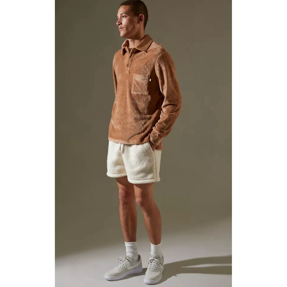 Urban Outfitters Standard Cloth‎ Mens Velour Polo Long Sleeve Brown Shirt Size L
